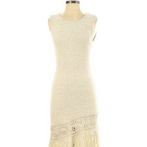 $300 BCBGMAXAZRIA Cream Ivory Knit Dress Boho Asymmetric Crochet Fringe bcbg